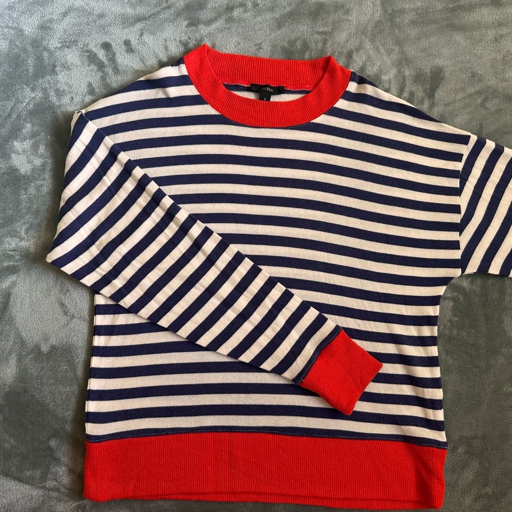 J. Crew Women's Navy and Red Striped Crewneck Sweater